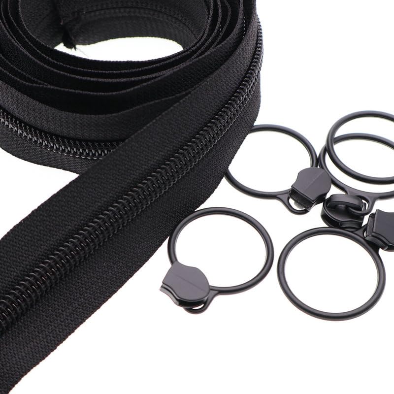 5 Black Nylon Coil Zippers by The Yards Bulk 10 Yards with 25pcs Black Ring Pull Sliders for DIY Tailor Sewing Craft