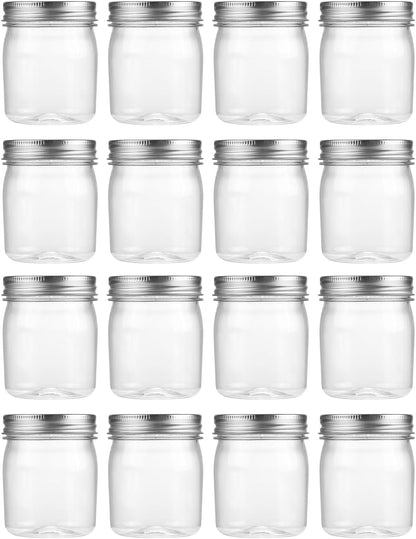 novelinks 8 oz Clear Plastic Jars with Screw-On Lids - BPA-Free Refillable Storage Containers for Slime, Spices, Crafts, Kitchen & Home Organization (16 Pack,Silver)