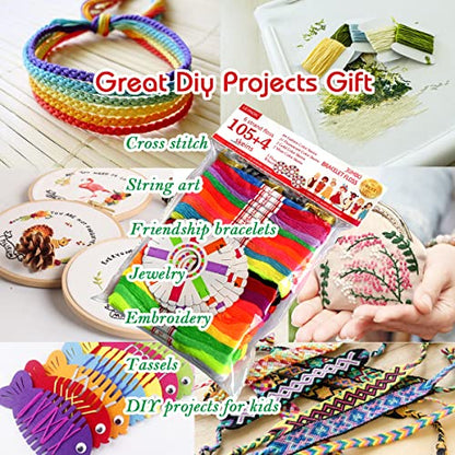 Embroidery Floss Rainbow Color 109 Skeins Per Pack Cross Stitch Threads Friendship Bracelets Floss Crafts Floss with 3 Weaved Plate（105 pcs Embroidery Floss +4 Metallic Embroidery Thread (2743.75 Foot)