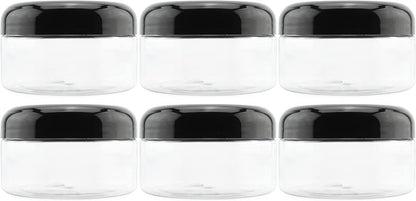 Cornucopia Brands 8oz Clear Plastic Jars w/Black Plastic Lids (6-Pack); BPA Free PET Stackable Containers for Bathroom & Kitchen Storage & Cosmetics
