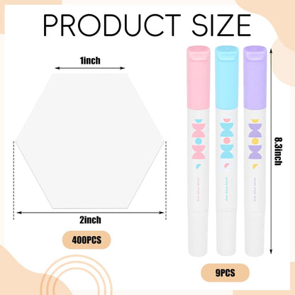 LemonSecret 409 Pcs Paper Piecing for Quilting Fabric Set Include 400 Paper Piecing 1" Hexagon Quilting Templates and 9 Fabric Glue Pen for DIY Patchwork Crafts and Sewing Supplies