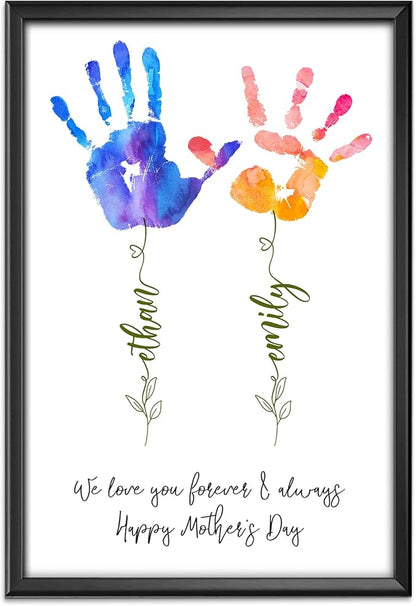 winorax Personalized Mom Gift For Mother's Day Custom Handprint Unframed Poster Wall Art Flower Handprint Gift From Kids For Mom New Mom Custom Name Poster Mom Birthday Pregnancy Announcement Gift