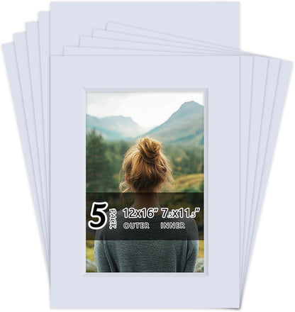 Falling in Art 5 Pack Acid Free 12x16'' White Picture Mats Board Show Kit for 8x12'' Photos, 4-Ply Beveled Pre-Cut Photo Mats with Backing Board for Frames, Artwork and Prints