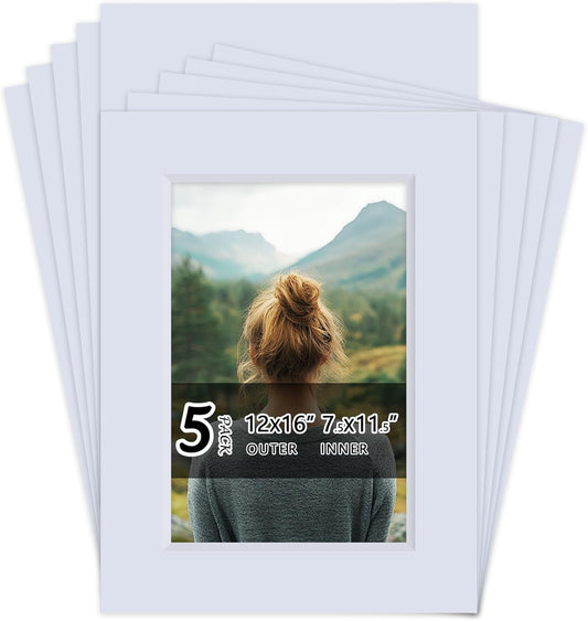 Falling in Art 5 Pack Acid Free 12x16'' White Picture Mats Board Show Kit for 8x12'' Photos, 4-Ply Beveled Pre-Cut Photo Mats with Backing Board for Frames, Artwork and Prints