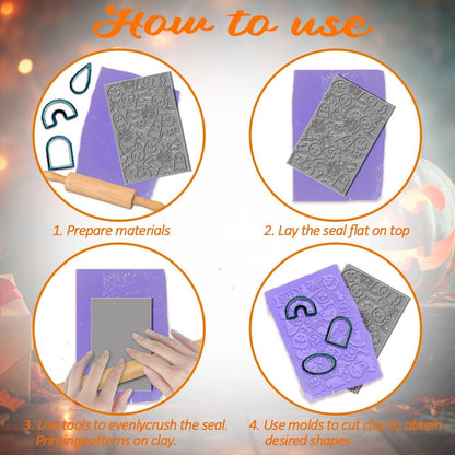 4PCS Halloween Polymer Clay Texture Sheets Set for Using with Clay Cutters, Pumpkins Clay Texture Mats, Jewelry Making DIY Halloween Craft Tools
