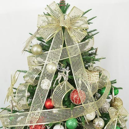 Gold Glitter Christmas Ribbon 2.5 Inch Square Mesh Net Wired Ribbons with Rainbow Sparkle Wired Ribbons Gold Ribbon for Christmas Tree Decoration (30 Foot)