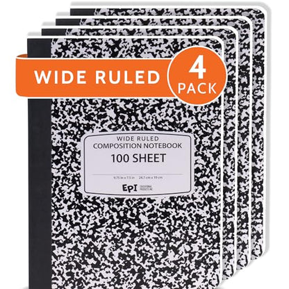 4 Pack EPI Marble Hardcover Wide Ruled Composition Notebook (4 Count)