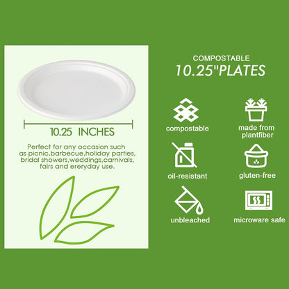 Vplus 500 Pack Compostable Disposable Paper Plates 10.25 inch Super Strong Paper Plates 100% Bagasse Natural Biodegradable Eco-Friendly Sugarcane (white)