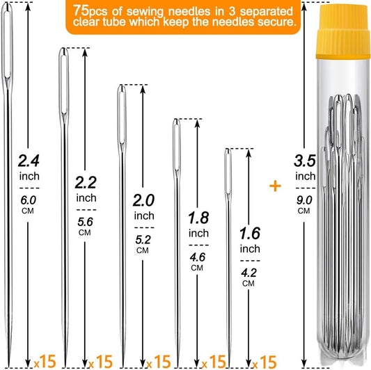 75 Pack Premium Large Eye Needles for Hand Sewing with 4 Needle Threaders, Assorted Sizes, Embroidery Needles for Hand Sewing, Sewing Needles Large Eye, Big Eye Needle