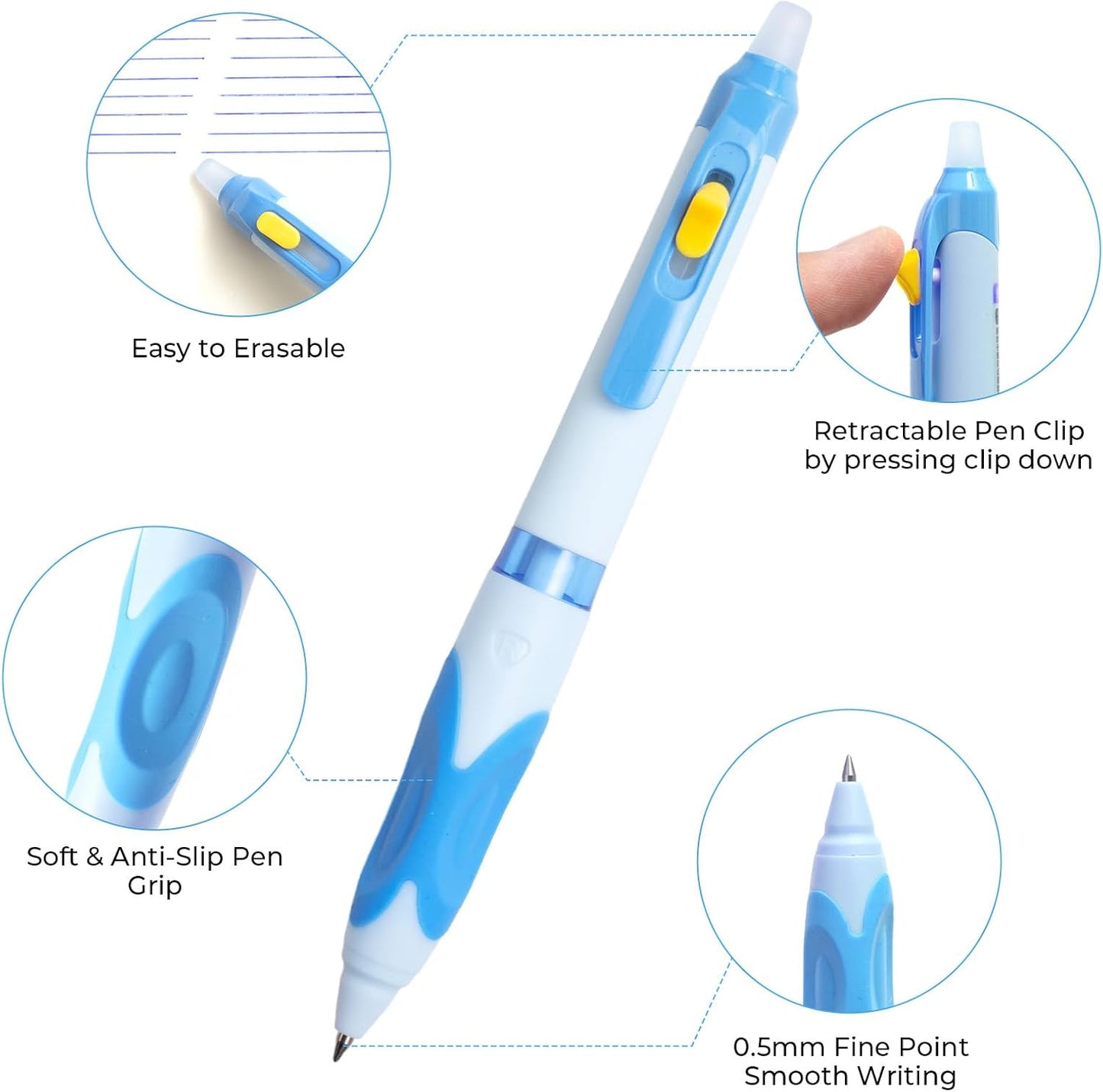 M&G 6 Pcs Retractable Erasable Gel Pens, 0.5 mm Blue Ink Gel Pen, Extra Fine Point Erasable Pen Make Mistakes Disappear, Premium Comfort Grip Note Taking and Crossword Puzzles