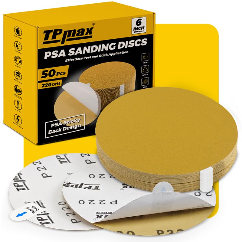6-Inch 220-Grit Gold PSA Sanding Discs, 50 Pack – Pro-Grade Self-Adhesive Stickyback Sandpaper with Quick-Release Tabs for DA Sander, Fine Automotive/Wood/Metal Sanding (50 Count)