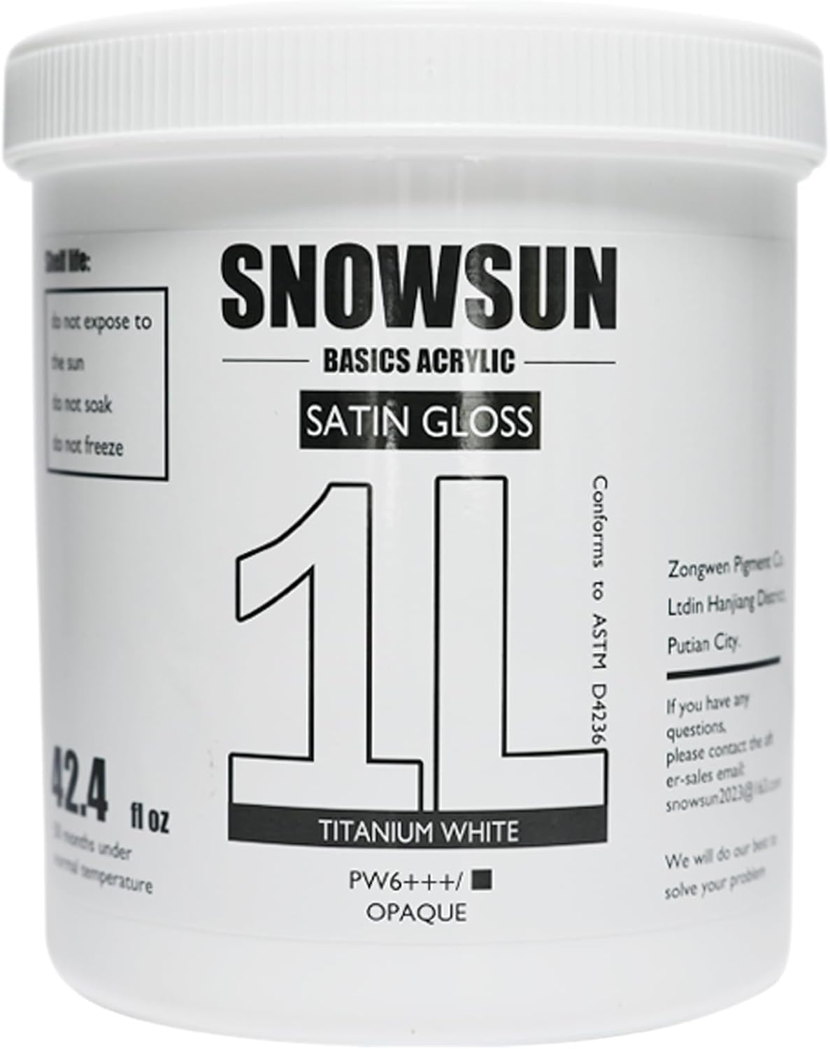 SNOWSUN Basics Titanium White Acrylic Paints, Large Bulk Acrylic Paint (42.4 oz, 1000ml) Non Toxic Gloss Heavy Body Art Paint for Multi-Surface, Ideal for Canvas Wood Ceramic Fabric and Nail Art Leather, Stone Craft, for Artists & Beginners