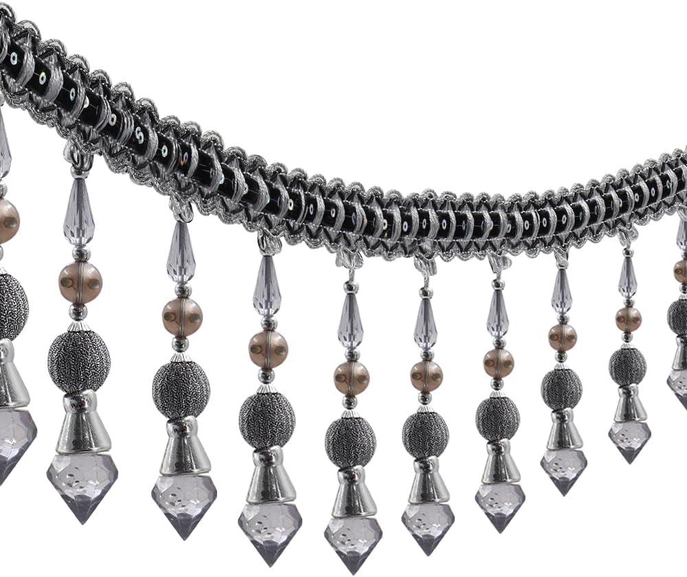 3yards Beading Fringe Trimming Long Beads Tassel Curtain Trim Ribbon Trim for Cover Edge Decorative (Gray) - Crafty Corner