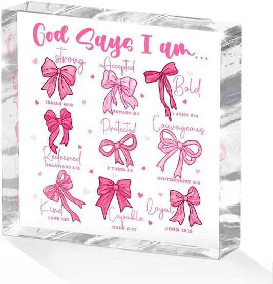 Positive Affirmation Bible Verse Desk Decor Acrylic Sign 4X4 Inch, Preppy Coquette Pink Bow Desk Decorative Signs for Shelf Tabletop Cubicle Room Office, Christian Gifts for Women Men Friends