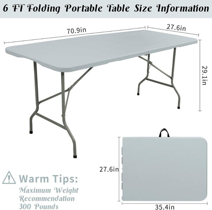 2 Pack 6 FT Folding Tables Grey Foldable Table, Fold-in-Half with Carrying Handle Portable Plastic Rectangular Table for Party, Dining, Wedding, Camping, Picnic, Indoor Outdoor Events