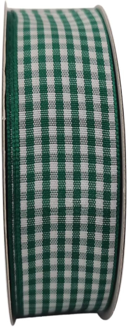 Green and White Woven Edge Plaid Ribbon 100% Polyester Gingham Ribbon 25 Yards Each Roll (1",Green) - Crafty Corner