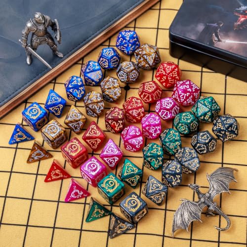 DND Dice Set 42 Pcs Polyhedral Dungeons and Dragons Rolling Dice for D&D RPG MTG Table Games Dice Bulk with Colorful Drawstring Bags and Dice Tray (49 Count)