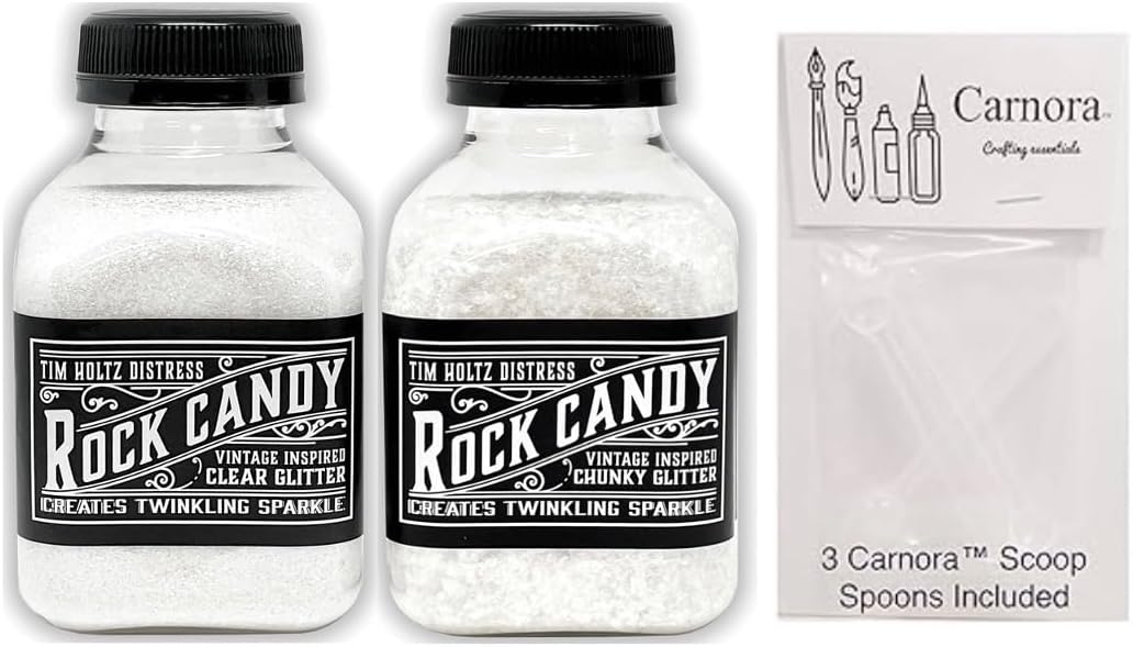 Tim Holtz Rock Candy Glitter, Clear and Chunky, Bundle of 2 Jars, 4.7 Ounces Each, 3 Carnora Scoop Spoons - Crafty Corner