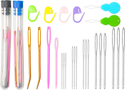 Hekisn 45Pcs Large Eye Blunt Yarn Needles kit, Assorted Sizes Bent Tapestry Darning Needle, Sewing Needles with Needle Threaders & Stitch Markers for Knitting Crochet (Blue&Black)
