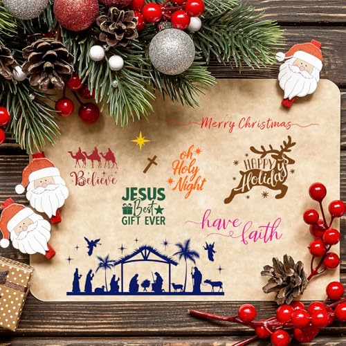 4 Sheets Christmas Clear Stamps Greeting Words Nativity Scene Silicone Transparent Stamps Holy Night Stamp for Xmas DIY Craft Card Making Scrapbooking Embossing Album Decor (4 Count)