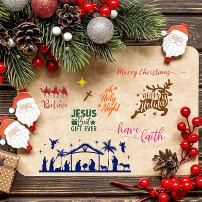 4 Sheets Christmas Clear Stamps Greeting Words Nativity Scene Silicone Transparent Stamps Holy Night Stamp for Xmas DIY Craft Card Making Scrapbooking Embossing Album Decor (4 Count)