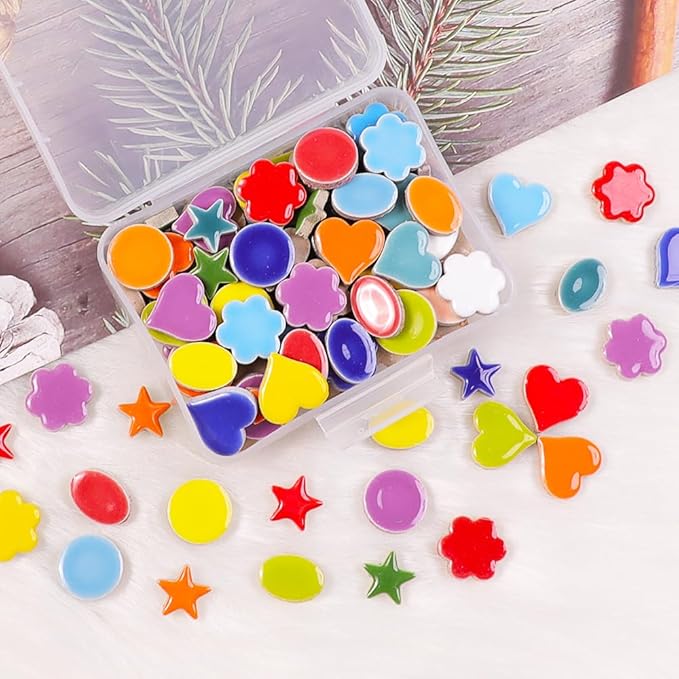 170g Ceramic Mosaic Tiles Pieces, Heart Star Oval Round Flower Shape Mosaics for Crafts Bulk,Student Adults Mosaic Kits Making (Star Mix)