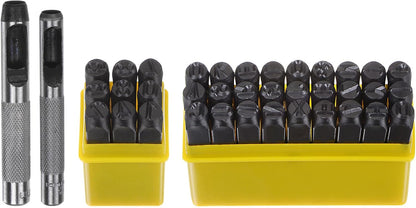 HARFINGTON 36pcs Metal Stamping Kit 5/16" (8mm) (A-Z, 0-8, "&" Symbol) Steel Letter Punch Press Tool with Hole Punch to Stamp on Metal, Plastic, Wood, Leather, Black