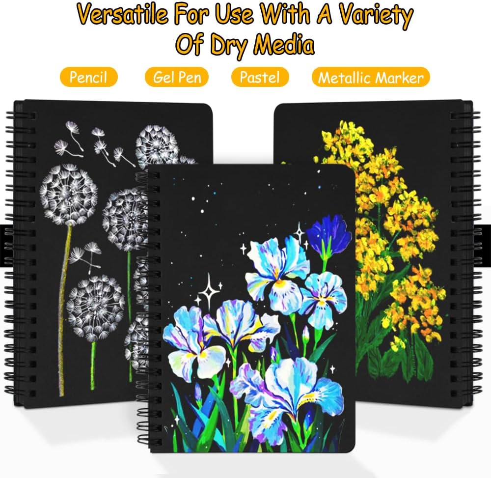 5x7in Black Paper Mixed Media Sketchbook, 110gsm Spiral Bound Art Journal Sketchbook, 70Sheets Acid-Free Travel Pocket Sketch Pad for Drawing, Illustration, Ideal for Most Dry Media - Crafty Corner