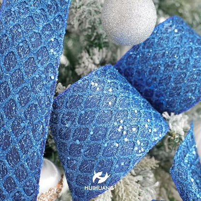 Navy Blue Glitter Wired Christmas Ribbon 4 inch x 10 Yards (30 Foot)