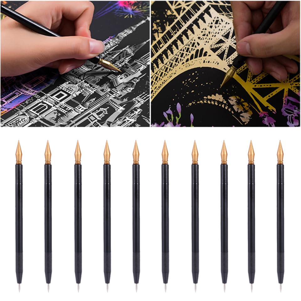 Scratch Painting Pens Set 10 Pcs Dual Tip Stylus Pens 6.29 Inch for Detailed Scratchboard Art and DIY Crafts with Comfortable Grip