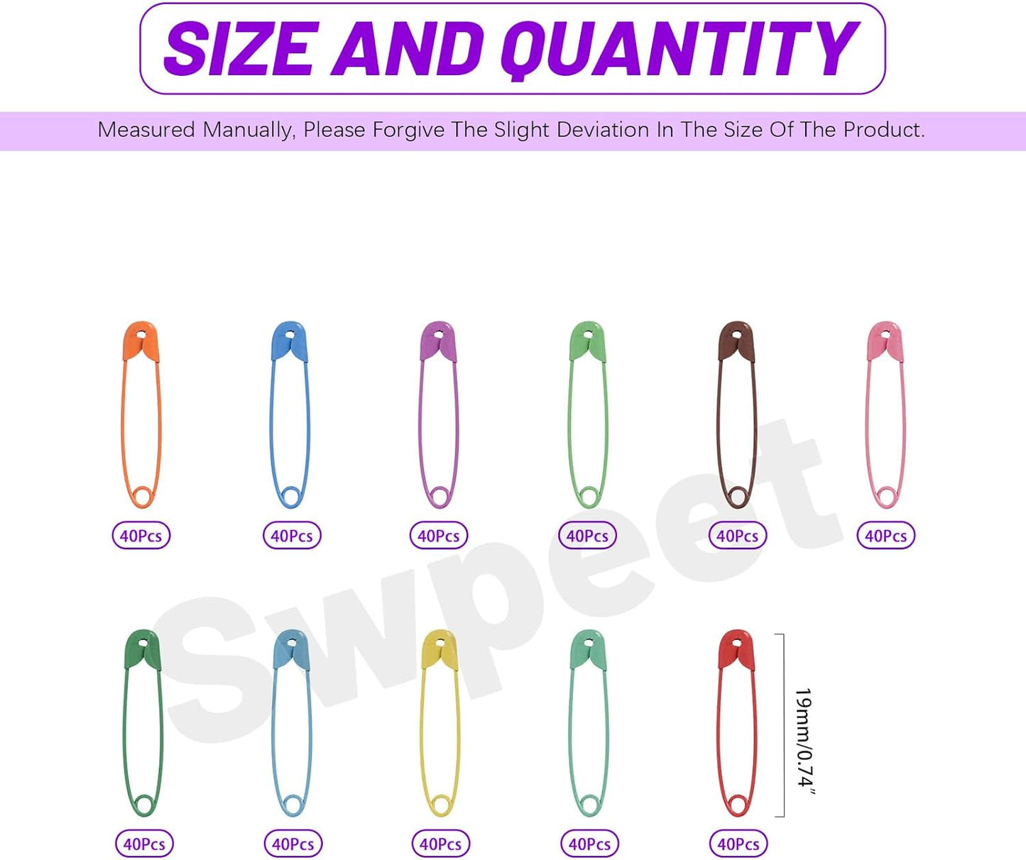 Swpeet 440Pcs 19mm/0.75 Inch Colorful Safety Pins Assortment Kit, Rust Resistant Steel Small Safety Pin Kit with Clear Case, Mini Safety Pins for Sewing, Clothes, Craft Arts