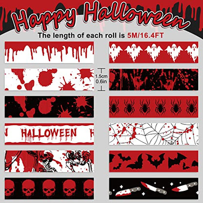 12 Rolls Halloween Bloody Washi Tapes Blood Spatter Spooky Bloodstain Skull Ghost Masking Tapes 15mm Scary Bloody Washi Tape Set for Scrapbook Journal DIY Craft Gift Wrapping (12 Count)