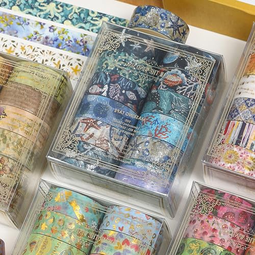 12 Rolls Charming Washi Tape Set Gold Silver Foil Detailing Arts Adhesive Tapes Basic Patterns Decorative Masking Tape Sets for Craft (12 Count)