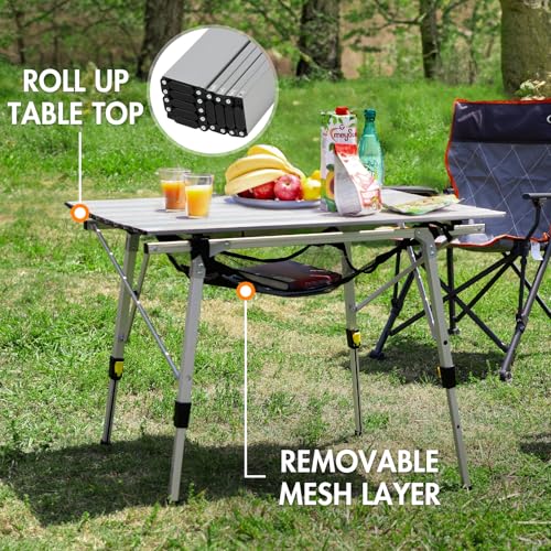Outdoor Folding Portable Picnic Camping Table with Adjustable Height Aluminum Roll Up Table Top Mesh Layer