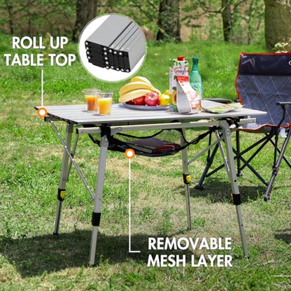 Outdoor Folding Portable Picnic Camping Table with Adjustable Height Aluminum Roll Up Table Top Mesh Layer