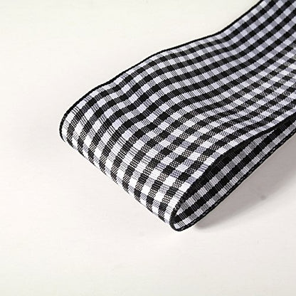1.5 Inch Black and White Woven Edge Gingham Ribbon 25 Yards Each Roll 100% Polyester (75 Feet)