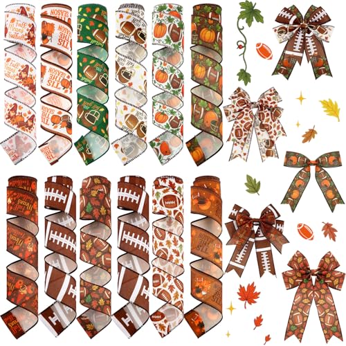 12 Rolls Fall Football Wired Edge Ribbon for Wreaths 2 Inch x 60 Yards Maple Leaves Pumpkin Football Print Ribbon Crafts for Thanksgiving Harvest Party Decorative Supplies (12 Count)