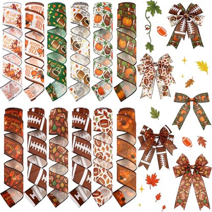 12 Rolls Fall Football Wired Edge Ribbon for Wreaths 2 Inch x 60 Yards Maple Leaves Pumpkin Football Print Ribbon Crafts for Thanksgiving Harvest Party Decorative Supplies (12 Count)