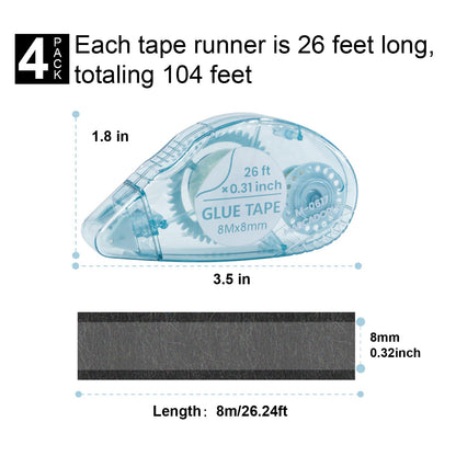 Glue Tape for Scrapbooking, Scrapbook Tape 4 Pcs, Double Sided Tape Roller for Crafts, 26 Ft x 0.31 In Tape Runner, Junk Journal Supplies, Scrapbook Supplies & Craft, Photo, Tape for Gift Wrapping.