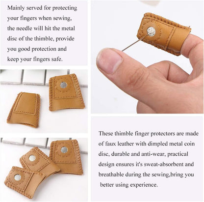 8 Pcs Thimble + 30 Pcs Sewing Needles, Finger Protector Fingertip Adjustable Metal Bronze Rings and Leather Coin Thimble for Needlework, Hand Embroidery Craft
