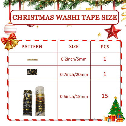 17 Rolls Christmas Washi Tape Set Holiday Washi Tape for Journaling Decorative Tapes Christmas Packing Tape Designs Journaling Kit for Women Gifts for Daughter Granddaughter Stocking Stuffer for Women
