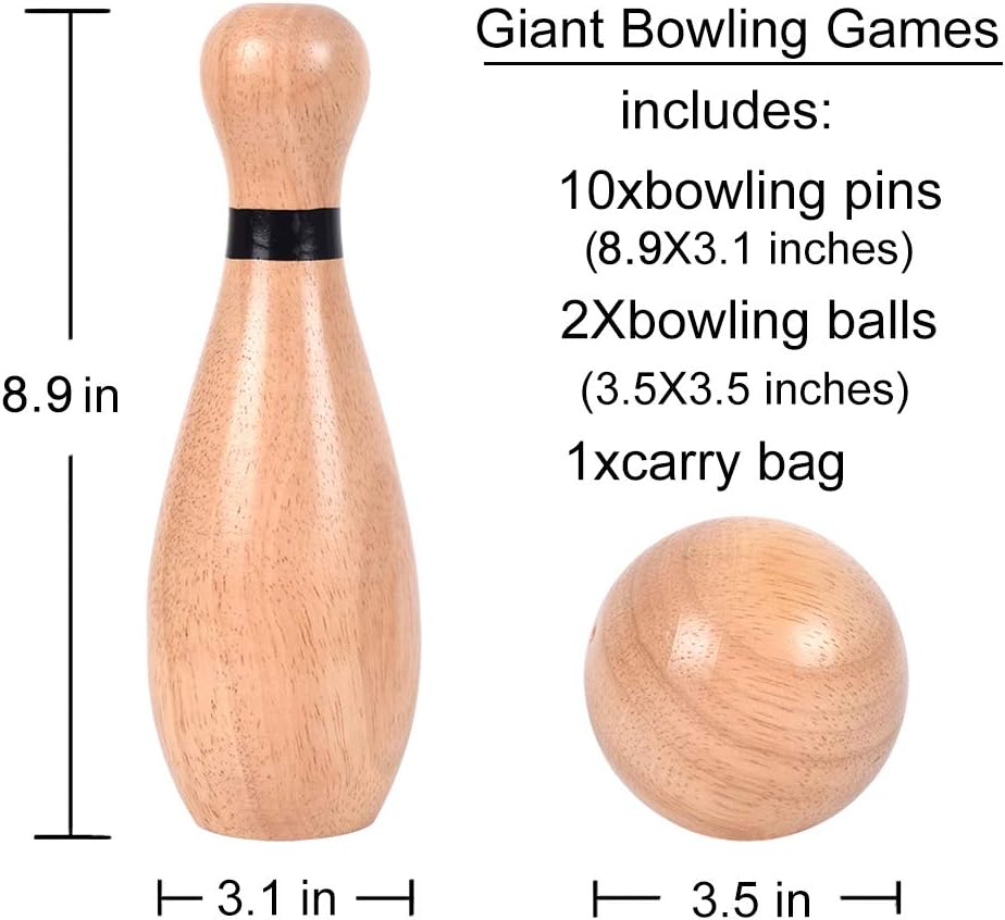 NI-ROU Outdoor Giant Lawn Bowling Games Rubber Wooden Lawn Set Fun Sports Games Outside or Indoor for Family Adults and Kids Backyard Skittles Carrying Bag with 10 Pins and 2 Balls