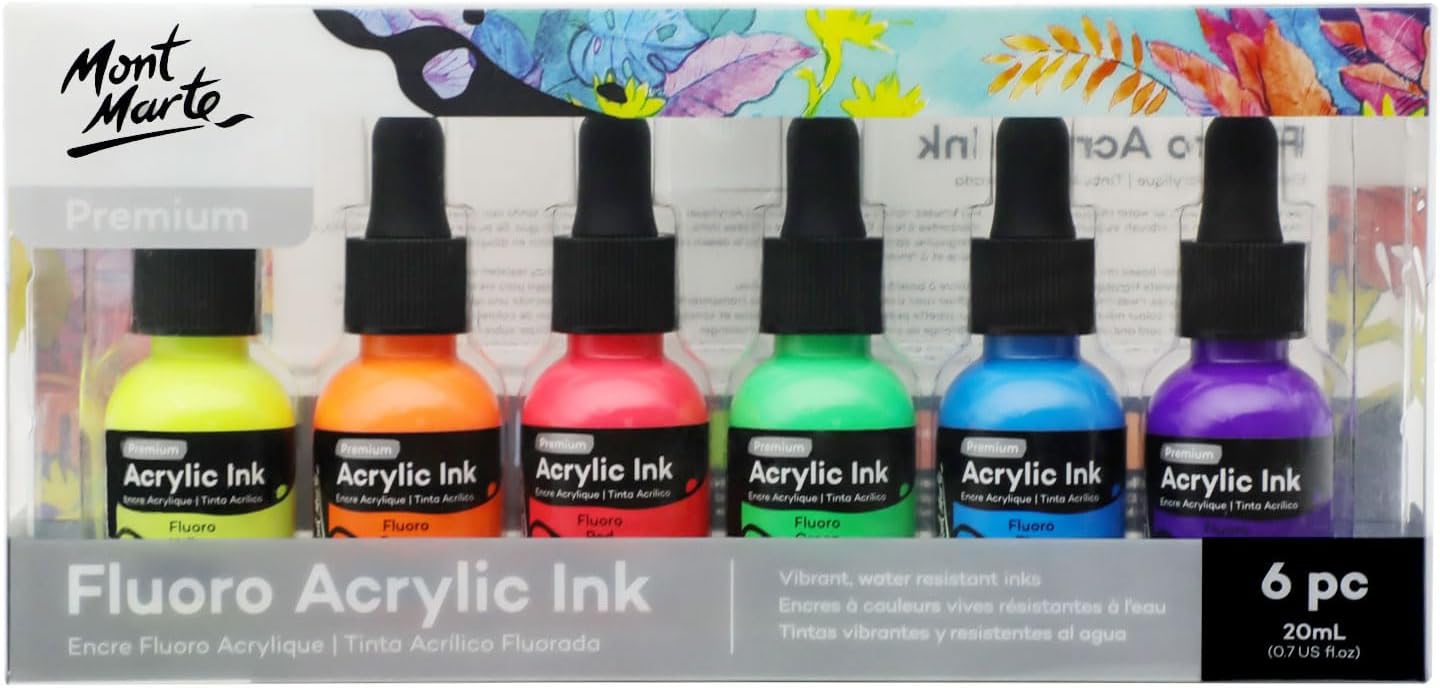 Mont Marte Acrylic Ink Premium 6pc x 20ml (0.7 US fl.oz), Acrylic Inks for Artists, Fluoro Colors, Ideal for Air Brush, Pouring Art, Scrapbooking, Ink Drawing, Mixed Media - Crafty Corner