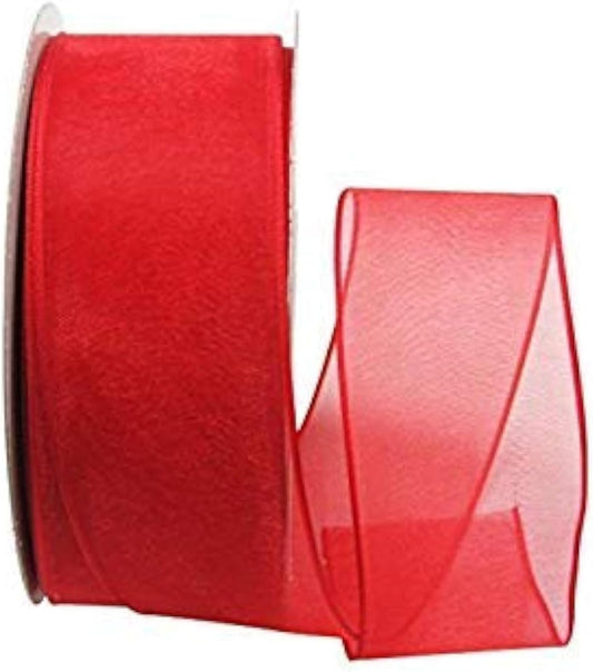 Ribbon Bazaar Sheer Organza Wired Ribbon - 100% Polyester Wire Edged Ribbon for Floral Decor, Table Arrangements, Apparel Embellishment & More - 2-1/2" Red 50yd - Crafty Corner
