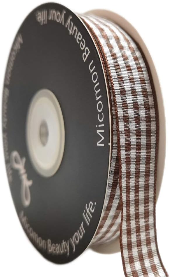 Micomon Brown and White Gingham Ribbon Buffillo Gingham Ribbon 25 Yards Each Roll 100% Polyester (5/8", Brown) - Crafty Corner