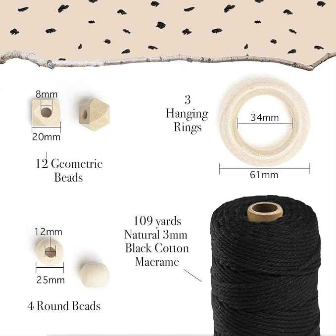 Macrame Kit-Black Edition-Makes 3 Macrame Plant Hangers with Easy to Follow Instructions for Adult Beginners - Includes 109 Yards 3mm Cotton Macrame Cord, Wooden Beads & Custom Instruction Booklet