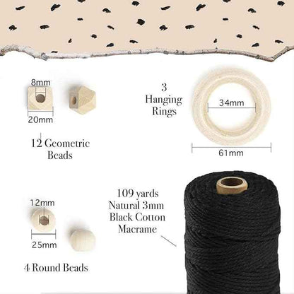 Macrame Kit-Black Edition-Makes 3 Macrame Plant Hangers with Easy to Follow Instructions for Adult Beginners - Includes 109 Yards 3mm Cotton Macrame Cord, Wooden Beads & Custom Instruction Booklet