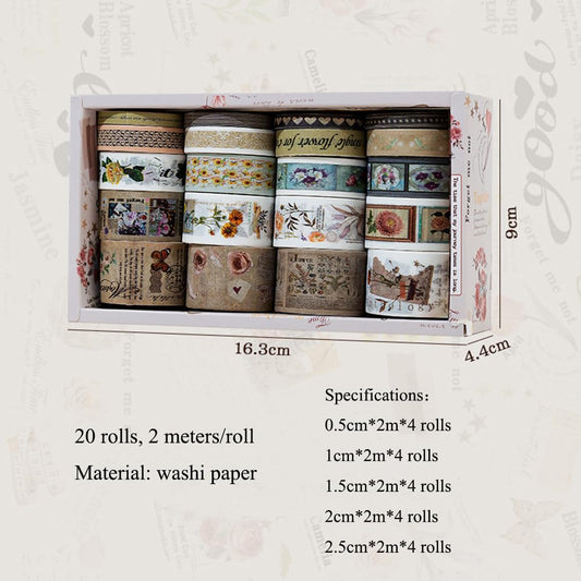 MAFELOE Decorative Vintage Washi Tapes Set 20 Rolls 2 Meters Long, Adhesive Scrapbook Junk Journaling Art Craft Collage Supplies-Forest Dream Series-Light Brown (WT-M4-SLMJ)