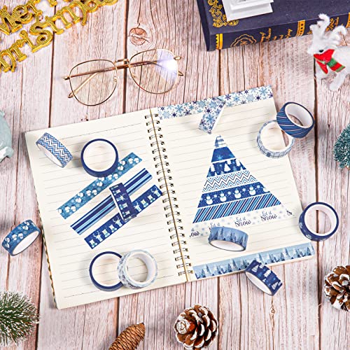 12 Rolls Winter Washi Tape Blue White Snowflake Snowman Holiday Masking Tape Xmas Tree Reindeer Assorted Pattern Washi Tape for Scrapbook Journal DIY Craft Gift Wrapping Party Decor (196.8 Foot )