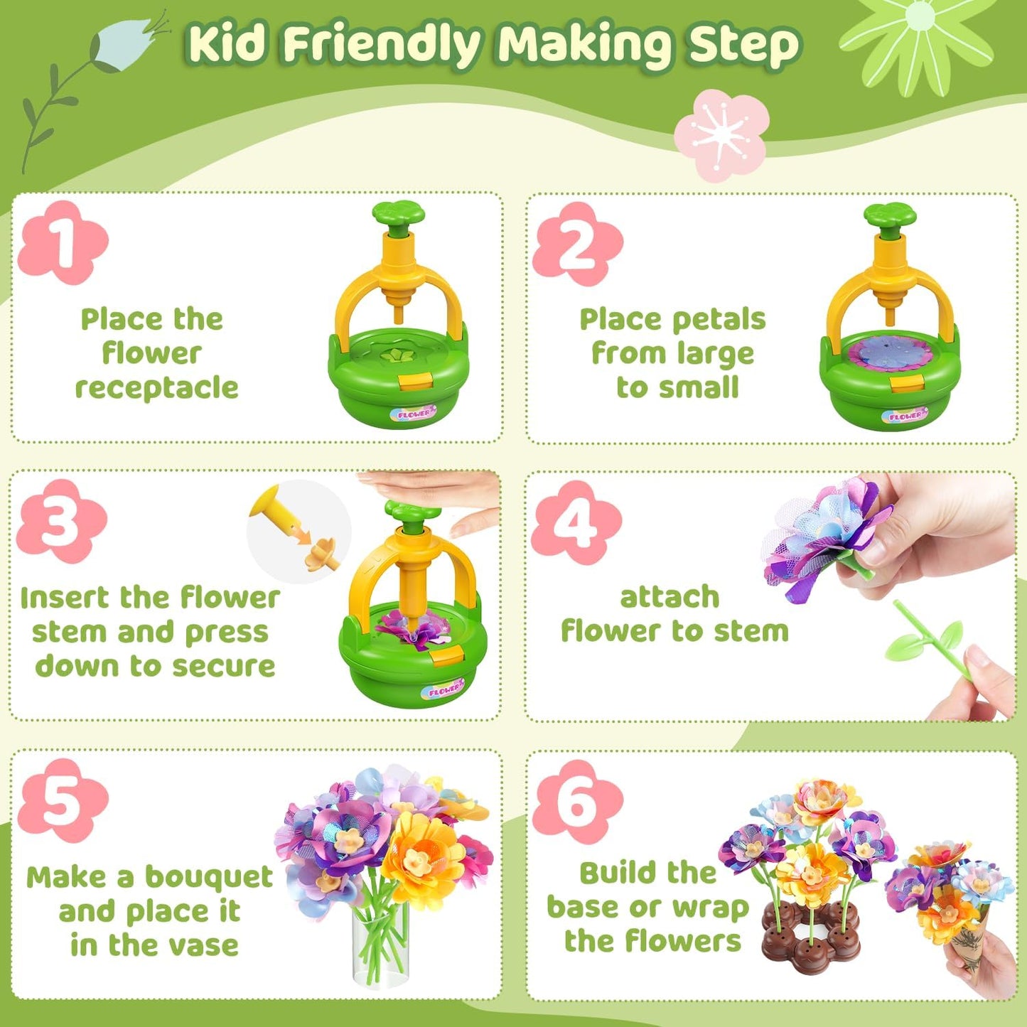 TingingYuli Arts and Crafts Kit for Kids Ages 4-8, Flower Bouquet Toys,DIY Flower Market Toys,Build Your Bouquet,Educational Christmas Birthday Gifts for 3 4 5 6 7 8 9 Year Old Girls-Green